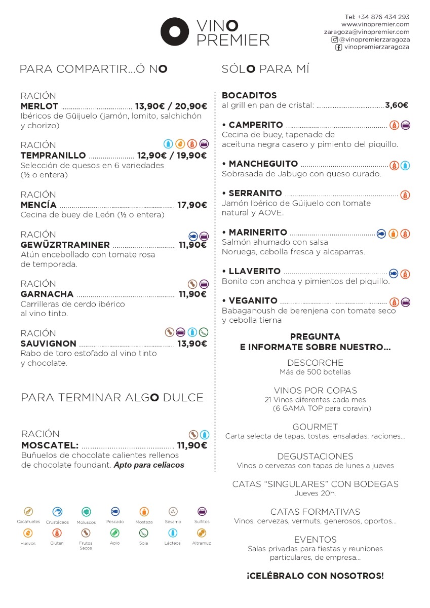 Carta raciones Vinopremier Zaragoza