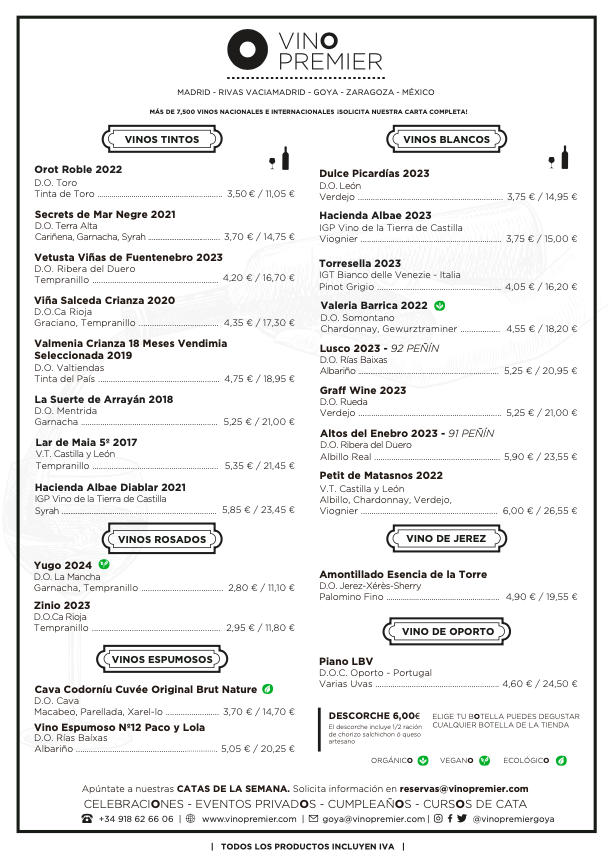 Carta Vinos por copas Vinopremier Goya