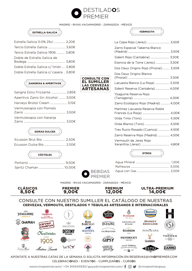 Carta Vinos por copas Vinopremier Goya